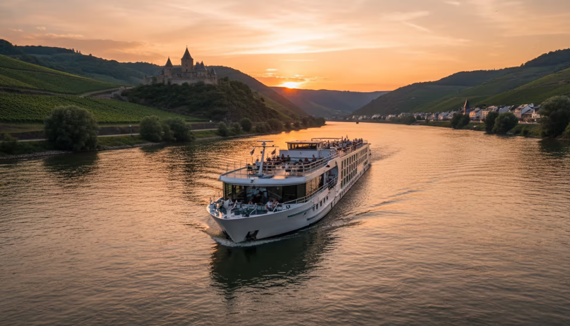 Luxury river cruise ship sailing along a European river at sunset with vineyards and a medieval castle on the hillside