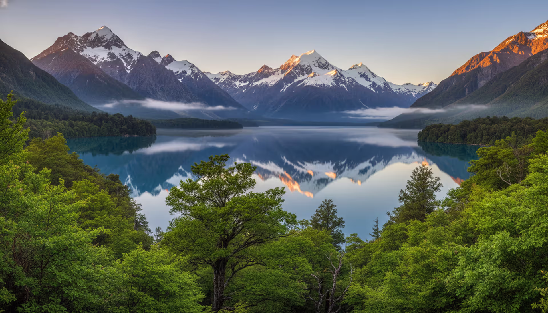 Panoramic view of New Zealand mountains reflected in a crystal-clear lake surrounded by lush beech forest at golden hour