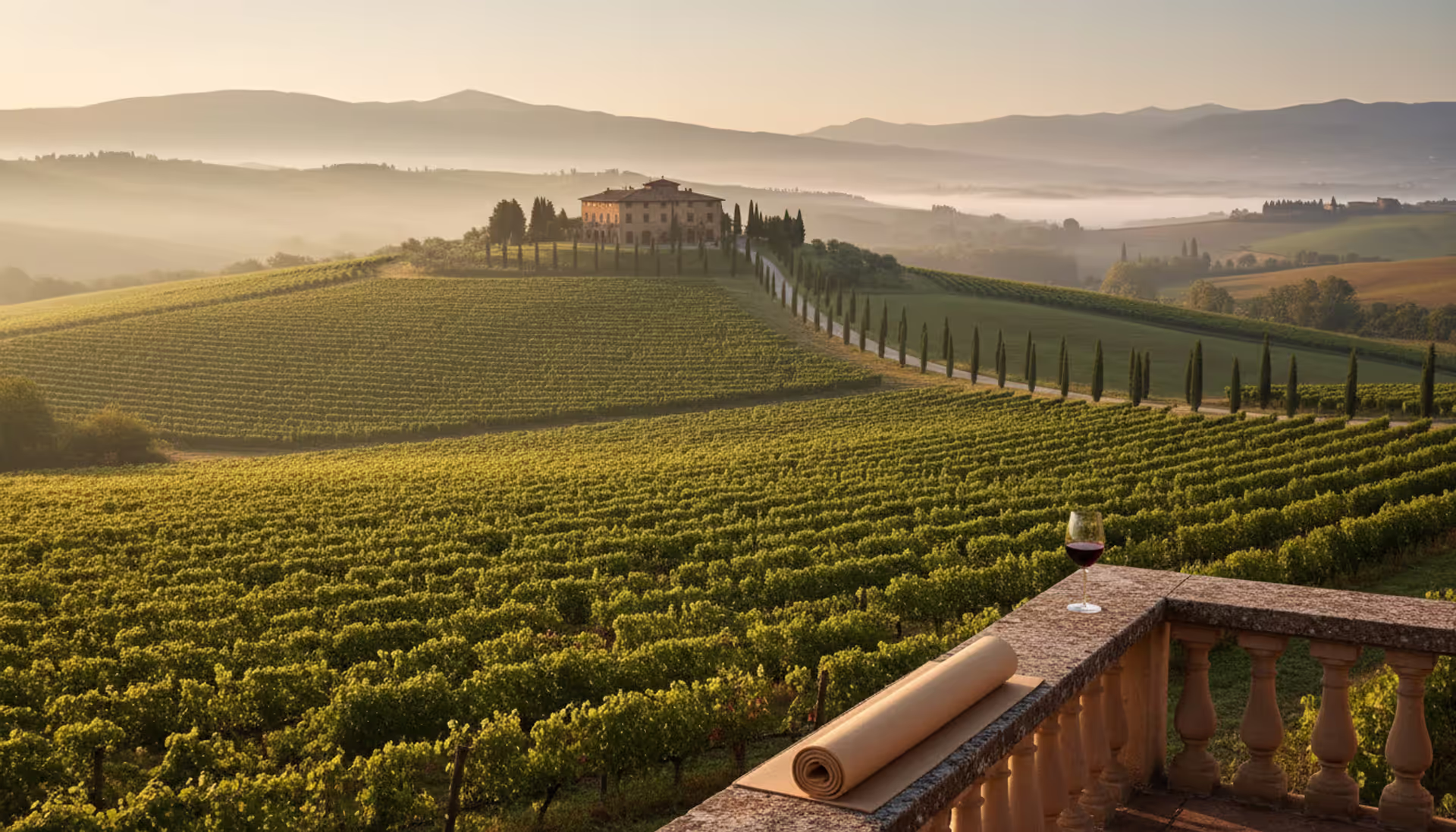 Panoramic early morning view of a Tuscan vineyard hillside with cypress trees, a stone villa terrace featuring a yoga mat and a glass of red wine on the railing, bathed in golden sunrise light