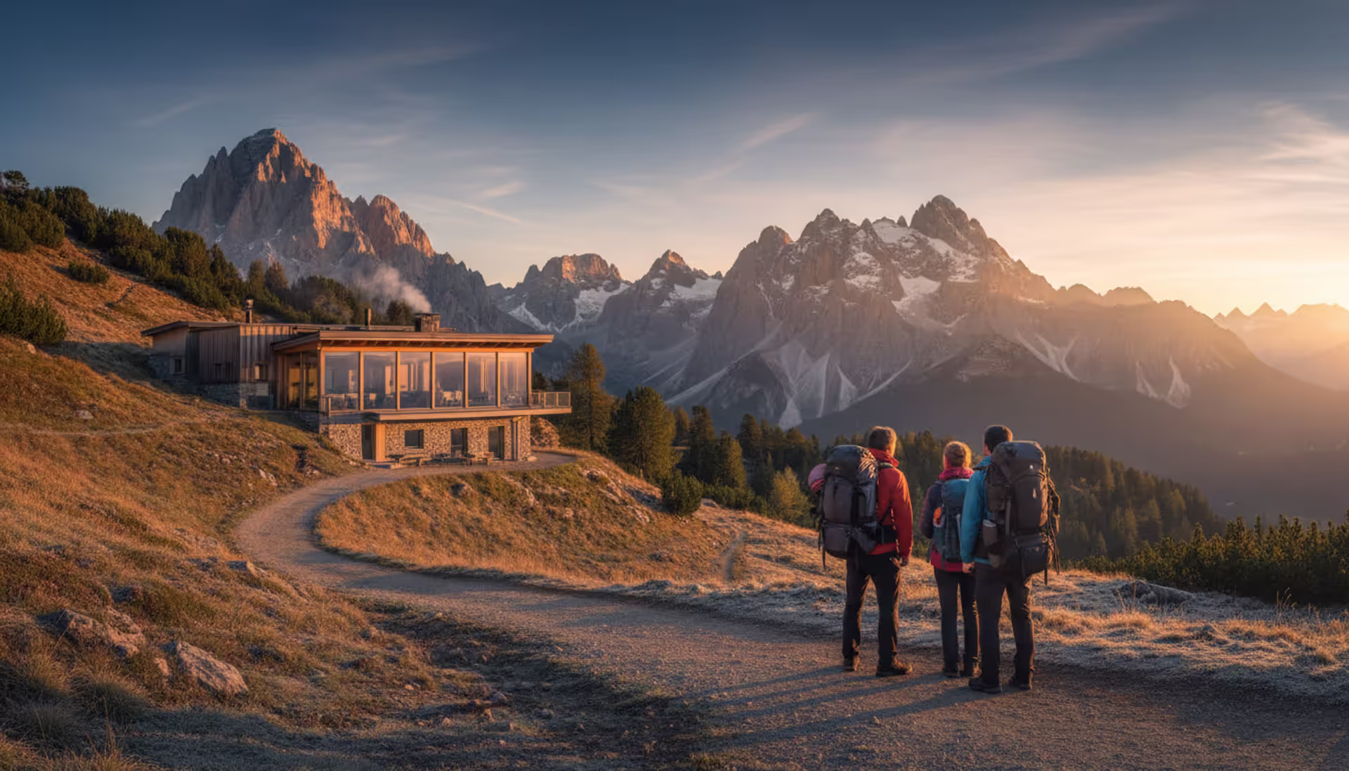 Small group of hikers with backpacks standing on a mountain trail at sunrise looking at snow-capped peaks with a luxury mountain lodge in the valley below