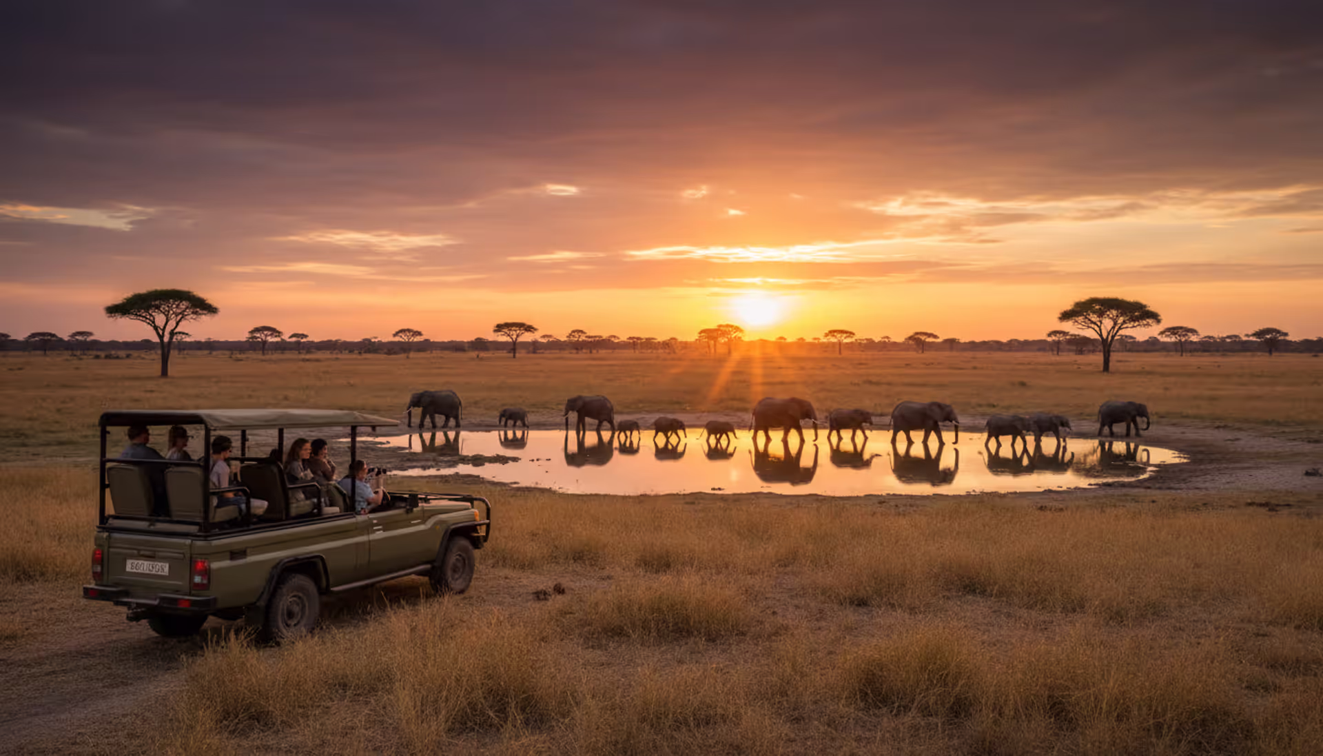 Luxury open safari vehicle overlooking elephants walking near a waterhole at sunset in the African savanna