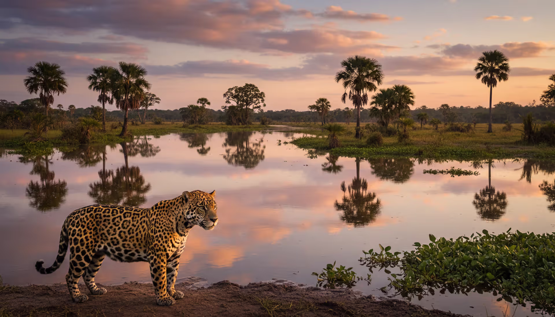 Jaguar standing on a riverbank in the Brazilian Pantanal wetlands at golden sunrise with flooded savanna landscape in the background