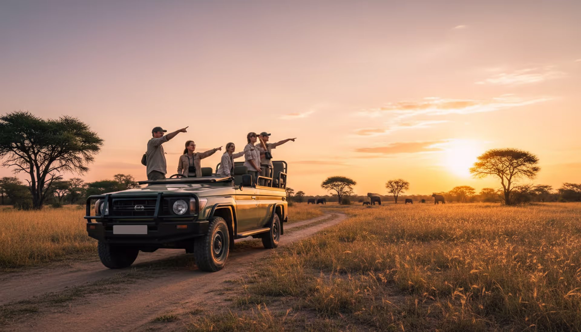 Open safari vehicle with tourists on a dirt road in South African savanna at sunset, acacia trees and elephant silhouettes near a waterhole