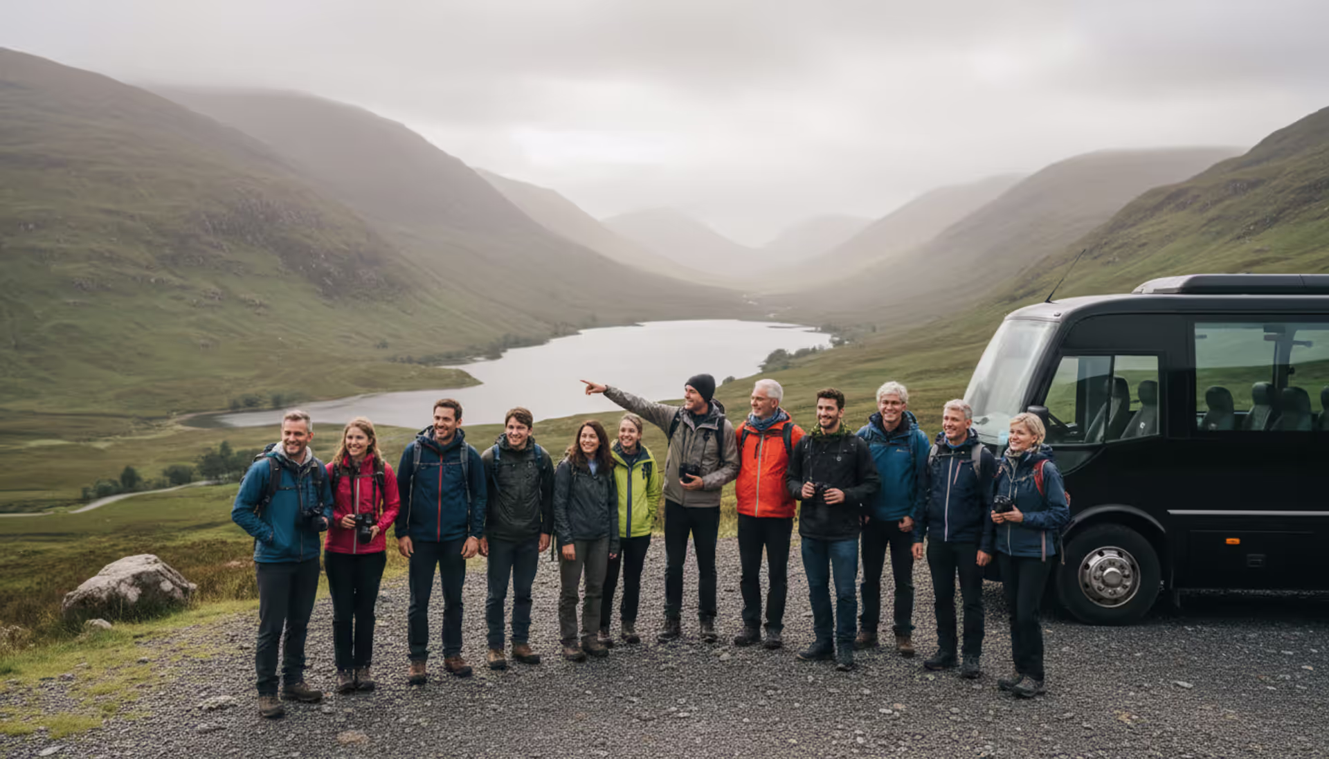 Small luxury group of travelers standing at a Scottish Highland viewpoint overlooking a misty glen with a lake and green hills, black executive minibus parked nearby