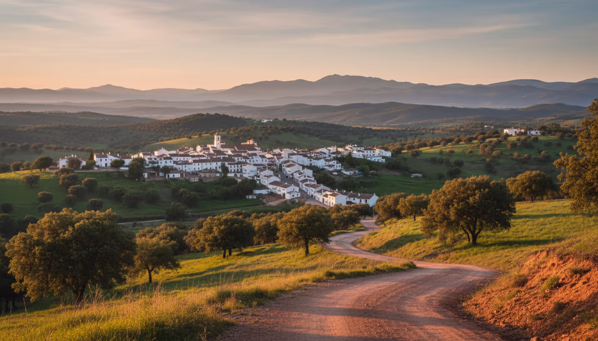 Panoramic view of a small white Spanish village nestled among green oak-covered hills in warm golden hour light with a dirt path leading to the settlement
