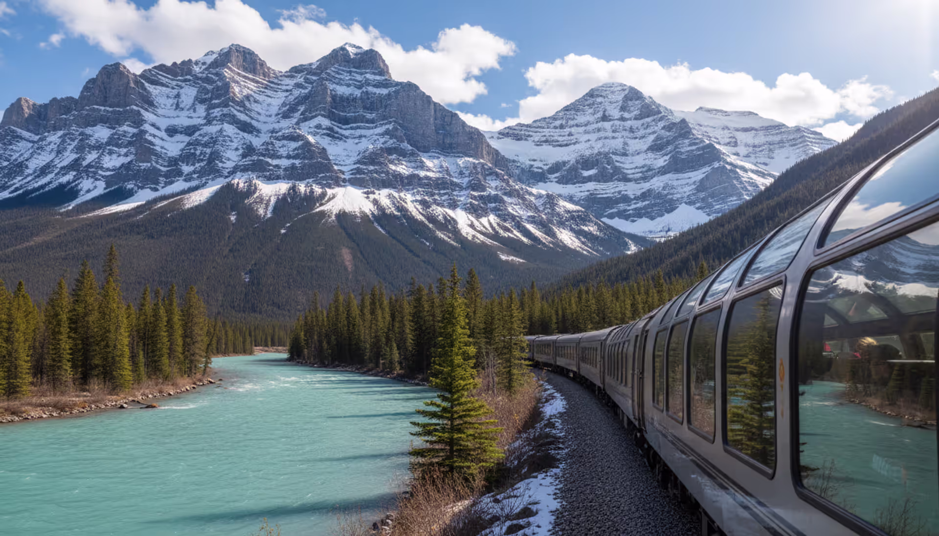 Luxury glass-domed train traveling along a turquoise glacial river with snow-capped Canadian Rocky Mountain peaks in the background on a sunny day