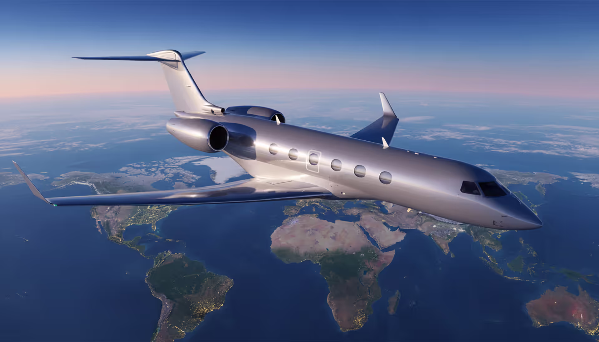 Luxury private jet flying around the world with continents visible below against a sunlit sky